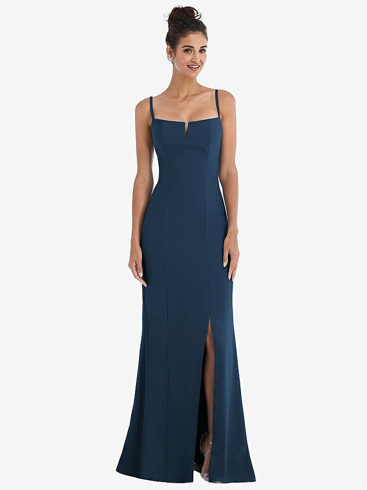 【STYLE: TH049】Notch Crepe Trumpet Gown with Front Slit【COLOR: Sofia Blue】