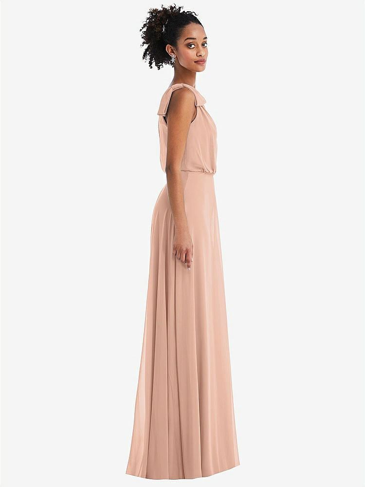 【STYLE: TH052】One-Shoulder Bow Blouson Bodice Maxi Dress【COLOR: Pale Peach】