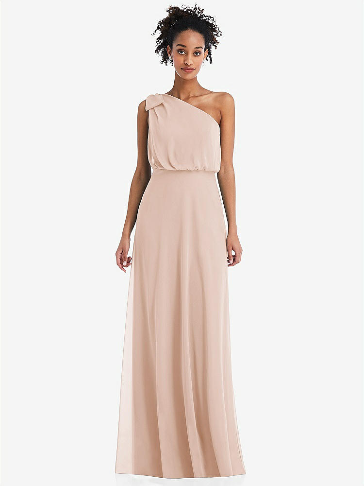 【STYLE: TH052】One-Shoulder Bow Blouson Bodice Maxi Dress【COLOR: Cameo】