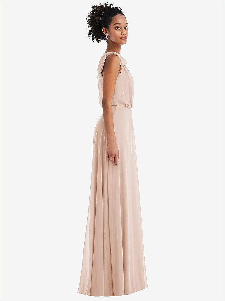 【STYLE: TH052】One-Shoulder Bow Blouson Bodice Maxi Dress【COLOR: Cameo】
