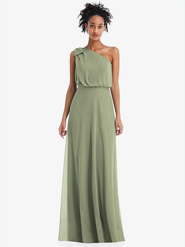 【STYLE: TH052】One-Shoulder Bow Blouson Bodice Maxi Dress【COLOR: Sage】