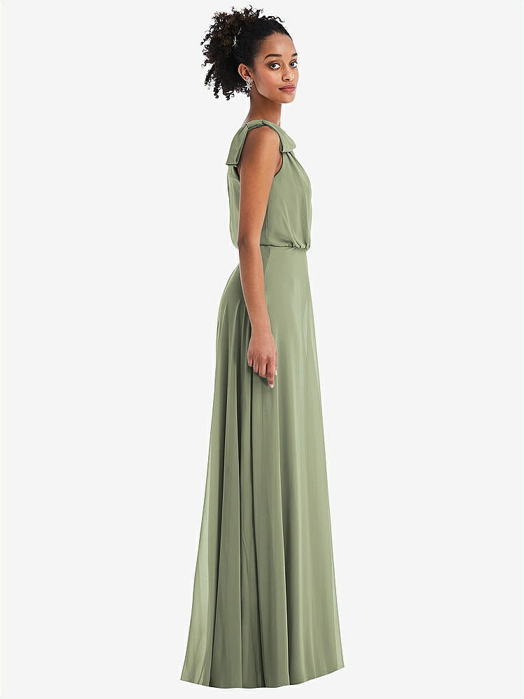 【STYLE: TH052】One-Shoulder Bow Blouson Bodice Maxi Dress【COLOR: Sage】