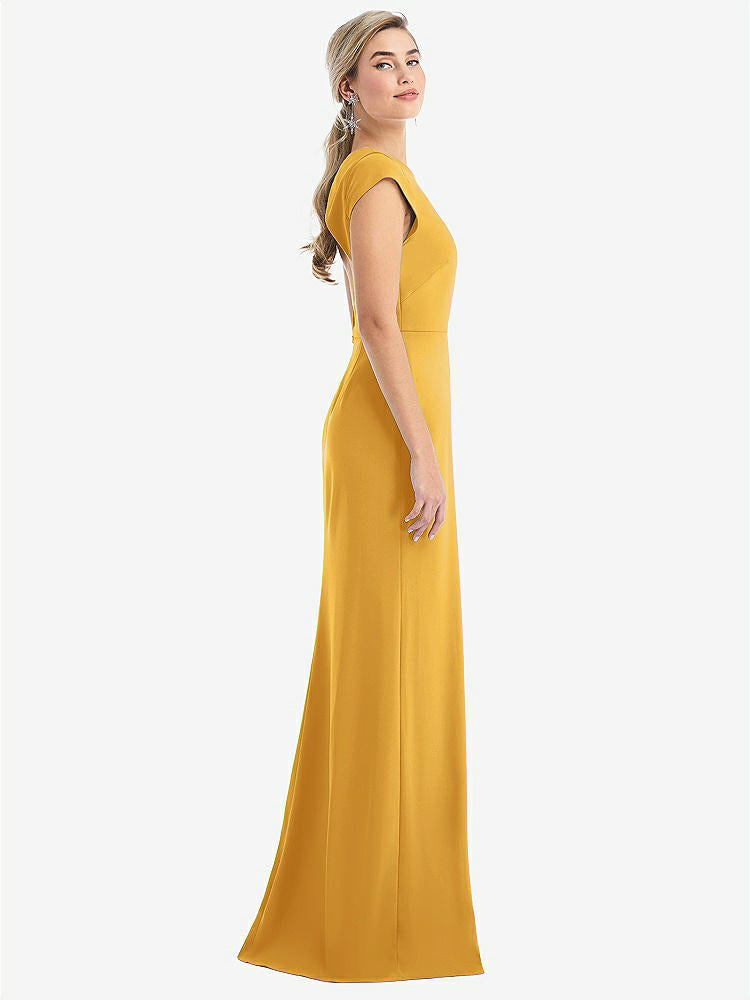 【NEW】【STYLE: TH051】キャップ スリーブ オープンバック トランペット ガウン 前面 スリット【COLOR: NYC Yellow】【SIZE: 00-30W】