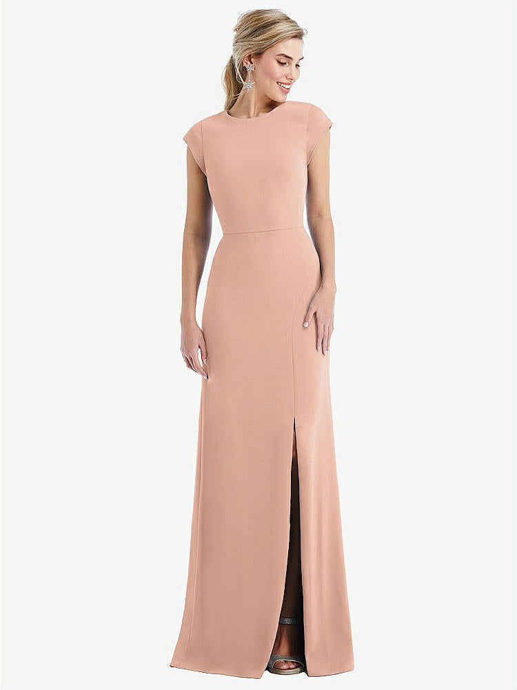 【NEW】【STYLE: TH051】キャップ スリーブ オープンバック トランペット ガウン 前面 スリット【COLOR: Pale Peach】【SIZE: 00-30W】