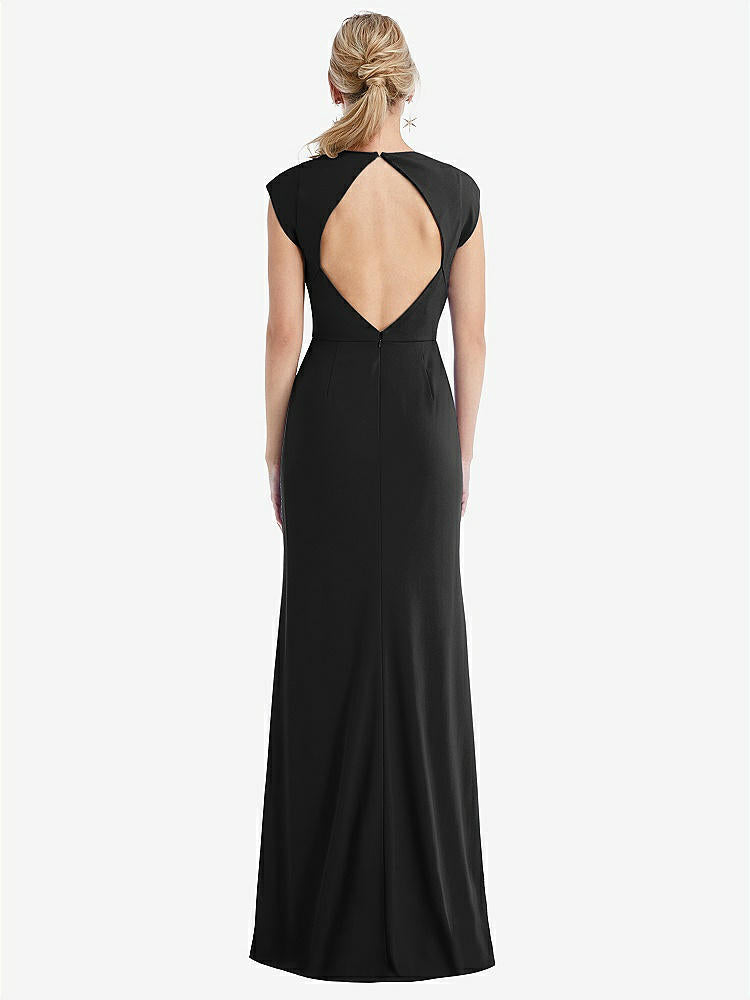 【STYLE: TH051】Cap Sleeve Open-Back Trumpet Gown with Front Slit【COLOR: Black】