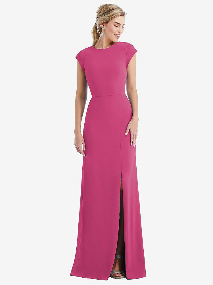 【STYLE: TH051】Cap Sleeve Open-Back Trumpet Gown with Front Slit【COLOR: Tea Rose】