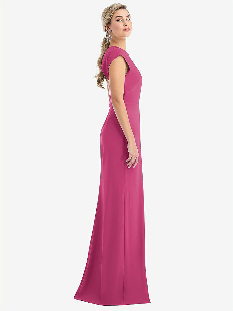 【STYLE: TH051】Cap Sleeve Open-Back Trumpet Gown with Front Slit【COLOR: Tea Rose】