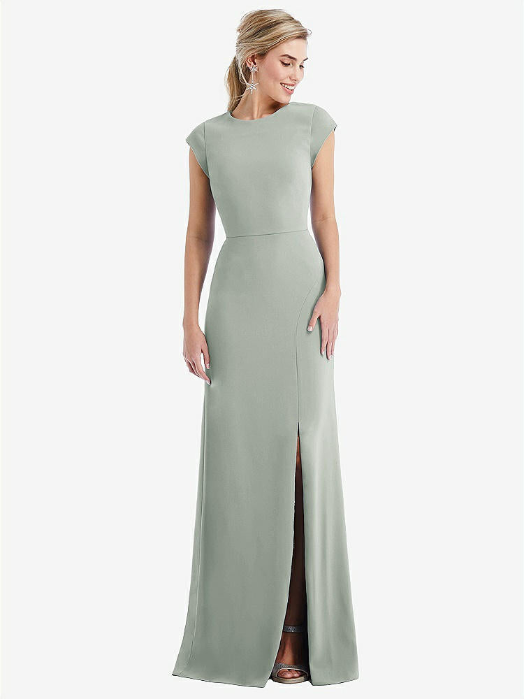 【STYLE: TH051】Cap Sleeve Open-Back Trumpet Gown with Front Slit【COLOR: Willow Green】
