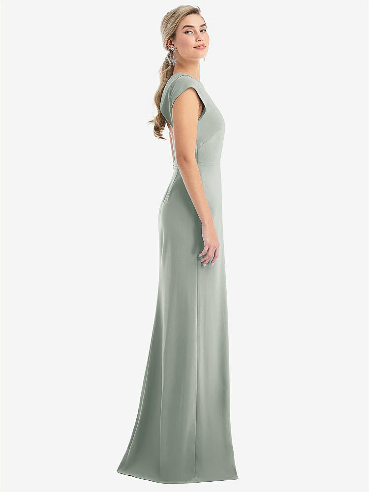 【STYLE: TH051】Cap Sleeve Open-Back Trumpet Gown with Front Slit【COLOR: Willow Green】