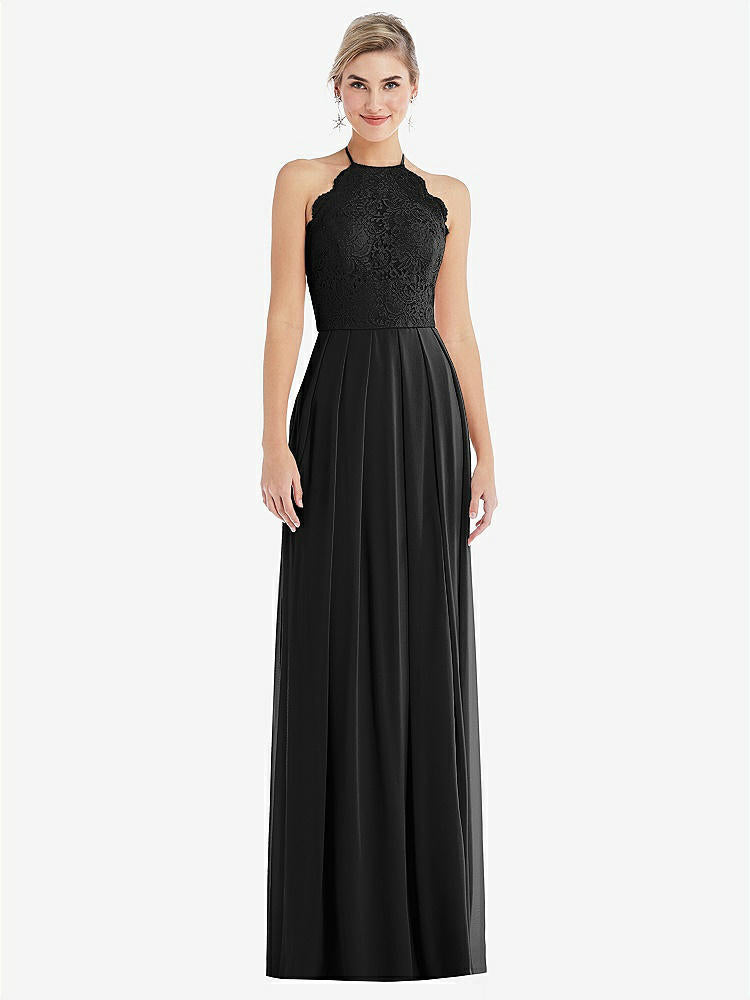 【STYLE: TH053】Tie-Neck Lace Halter Pleated Skirt Maxi Dress【COLOR: Black】
