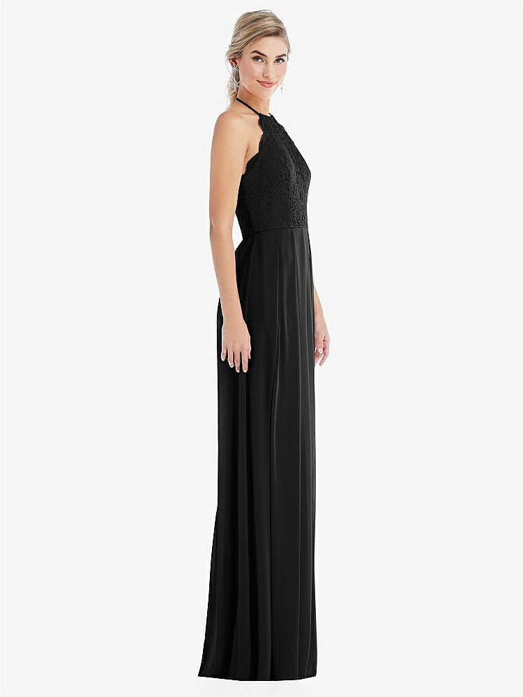 【STYLE: TH053】Tie-Neck Lace Halter Pleated Skirt Maxi Dress【COLOR: Black】