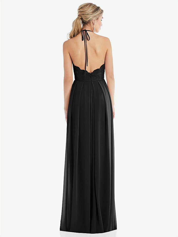 【STYLE: TH053】Tie-Neck Lace Halter Pleated Skirt Maxi Dress【COLOR: Black】