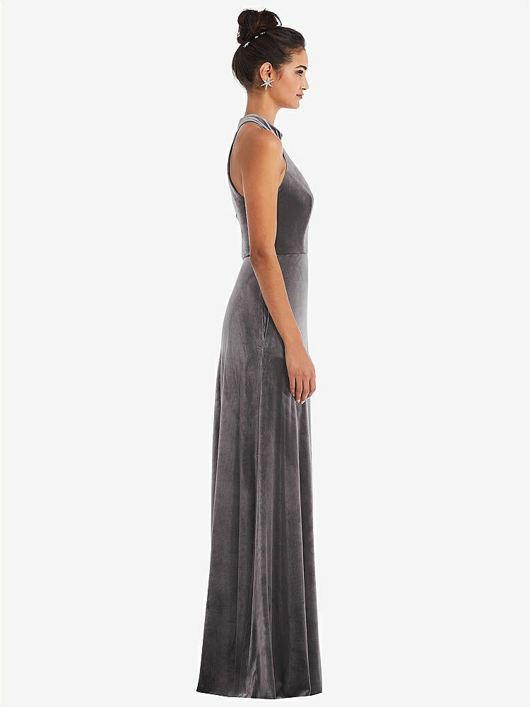 【STYLE: TH055】High-Neck Halter Velvet Maxi Dress with Front Slit【COLOR: Caviar Gray】