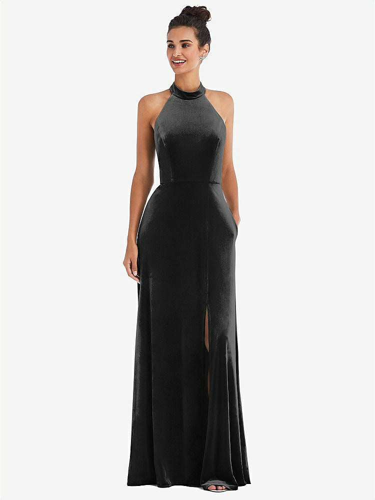 【STYLE: TH055】High-Neck Halter Velvet Maxi Dress with Front Slit【COLOR: Black】