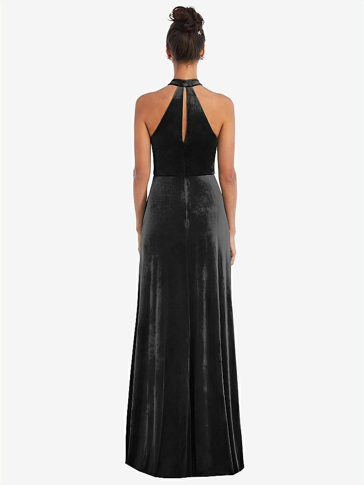 【STYLE: TH055】High-Neck Halter Velvet Maxi Dress with Front Slit【COLOR: Black】