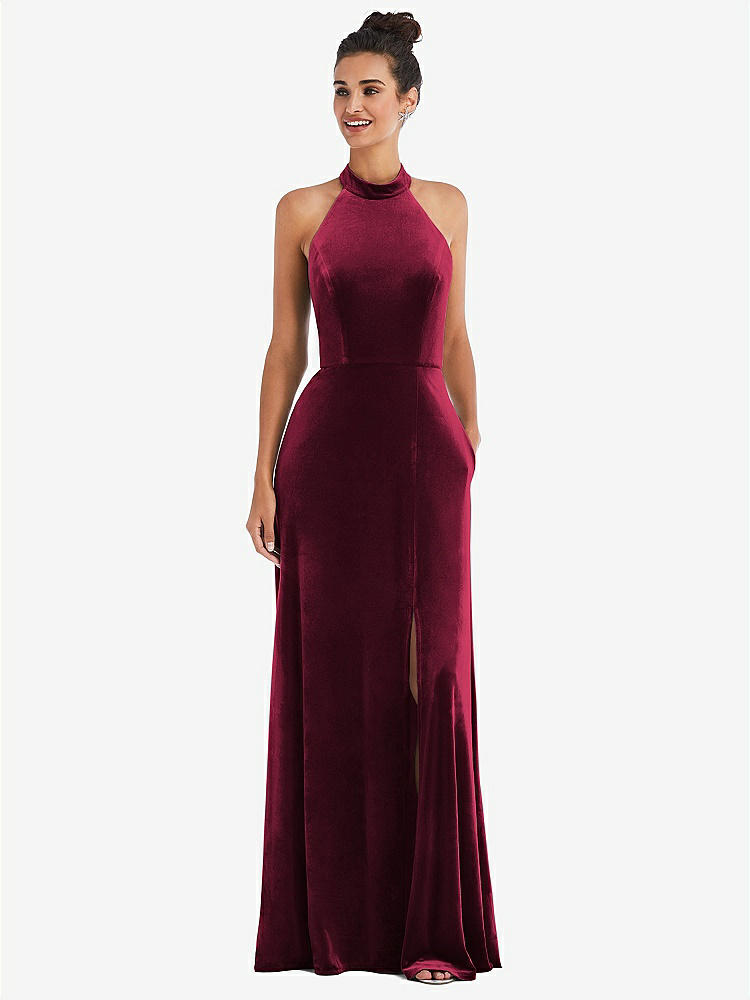 【NEW】【STYLE: TH055】ハイネック ホルター ベルベット マキシ ドレス 前面 スリット【COLOR: Cabernet】【SIZE: 00-30W】