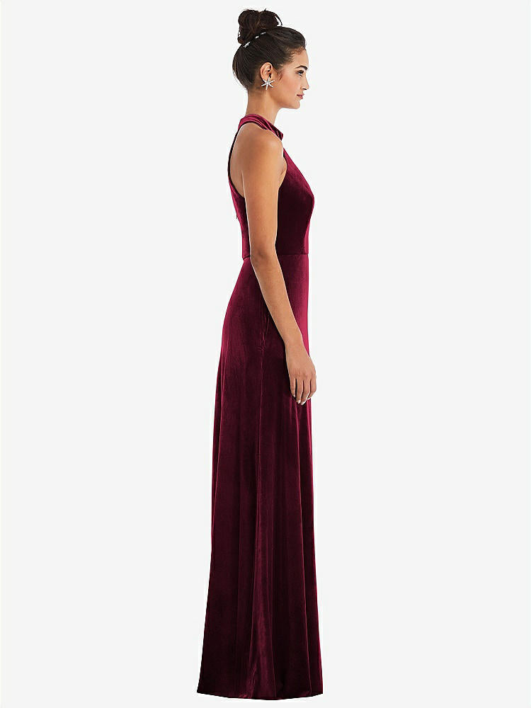 【NEW】【STYLE: TH055】ハイネック ホルター ベルベット マキシ ドレス 前面 スリット【COLOR: Cabernet】【SIZE: 00-30W】