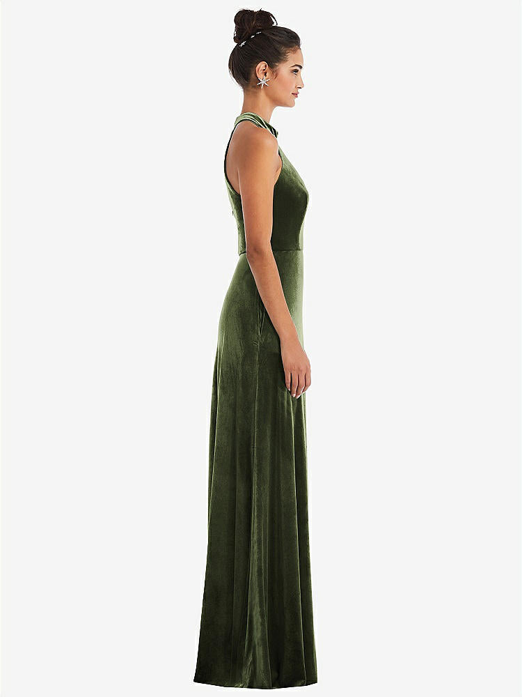 【STYLE: TH055】High-Neck Halter Velvet Maxi Dress with Front Slit【COLOR: Olive Green】
