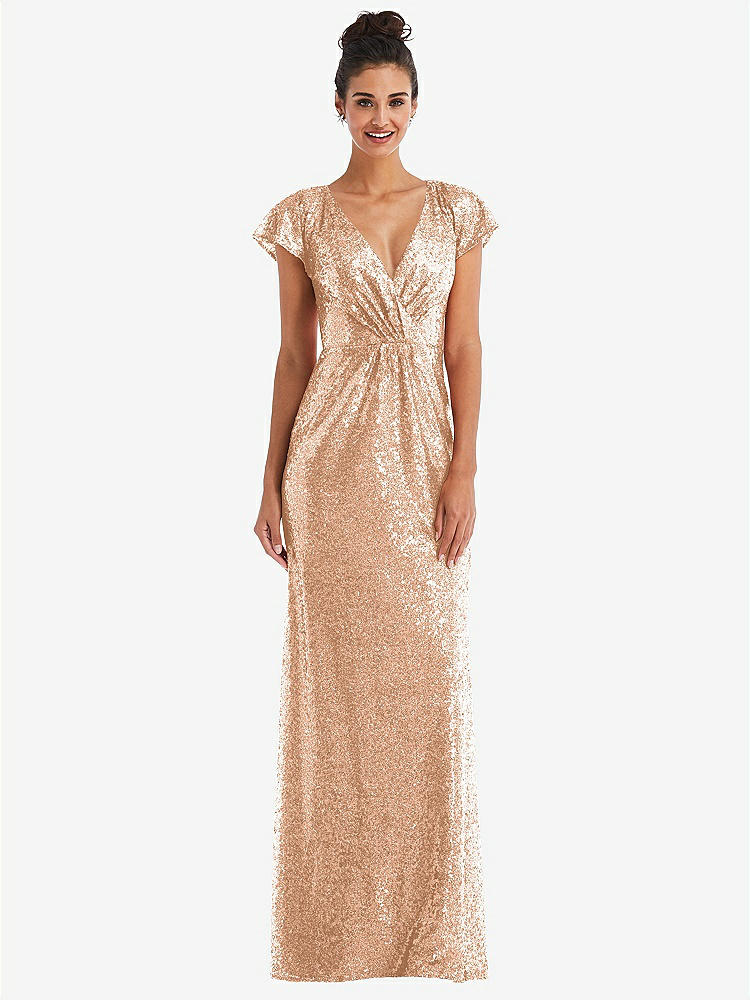 【STYLE: TH056】Cap Sleeve Wrap Bodice Sequin Maxi Dress【COLOR: Copper Rose】