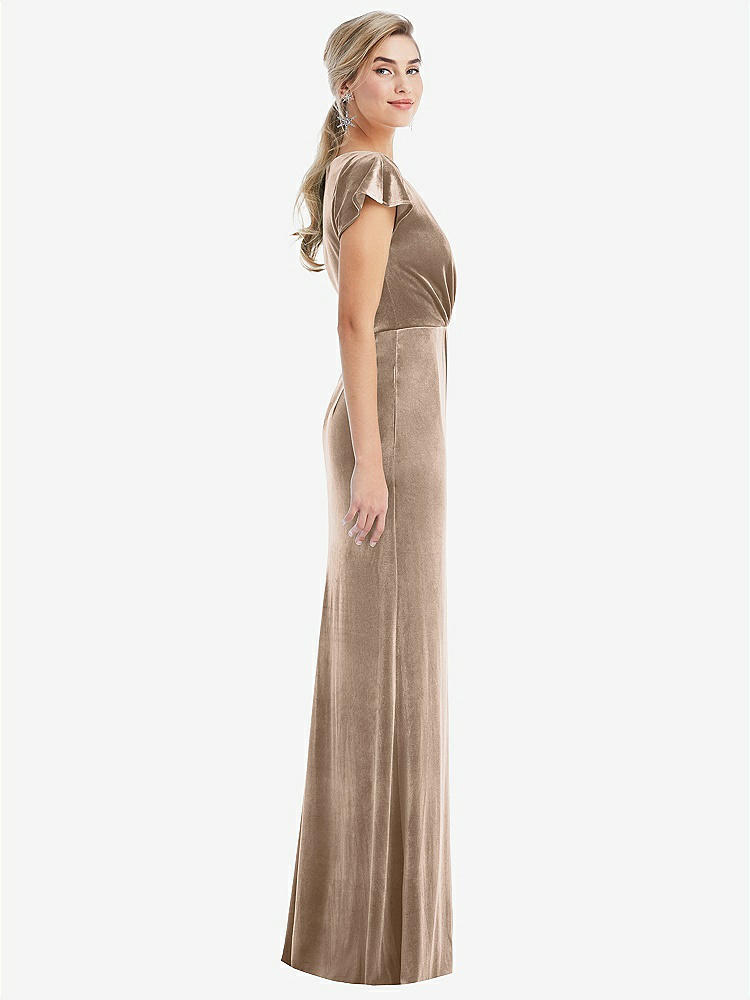 【STYLE: TH057】Flutter Sleeve Wrap Bodice Velvet Maxi Dress with Pockets【COLOR: Topaz】