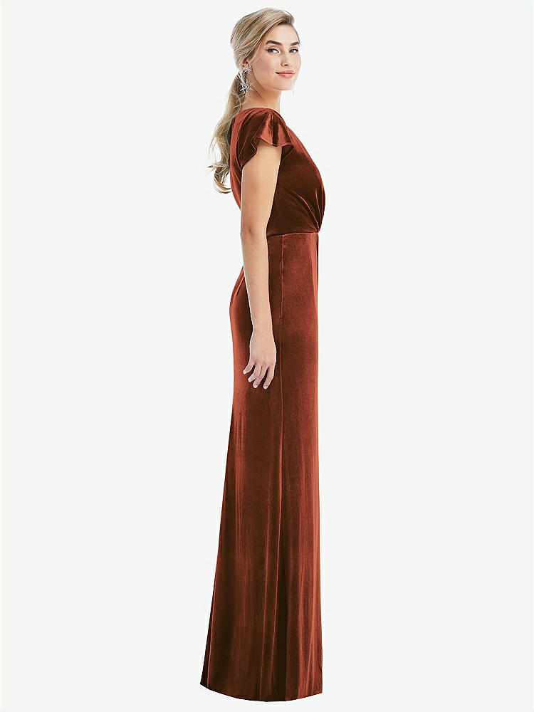 【STYLE: TH057】Flutter Sleeve Wrap Bodice Velvet Maxi Dress with Pockets【COLOR: Auburn Moon】