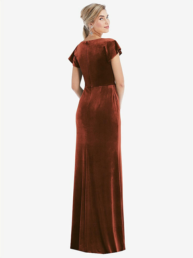 【STYLE: TH057】Flutter Sleeve Wrap Bodice Velvet Maxi Dress with Pockets【COLOR: Auburn Moon】