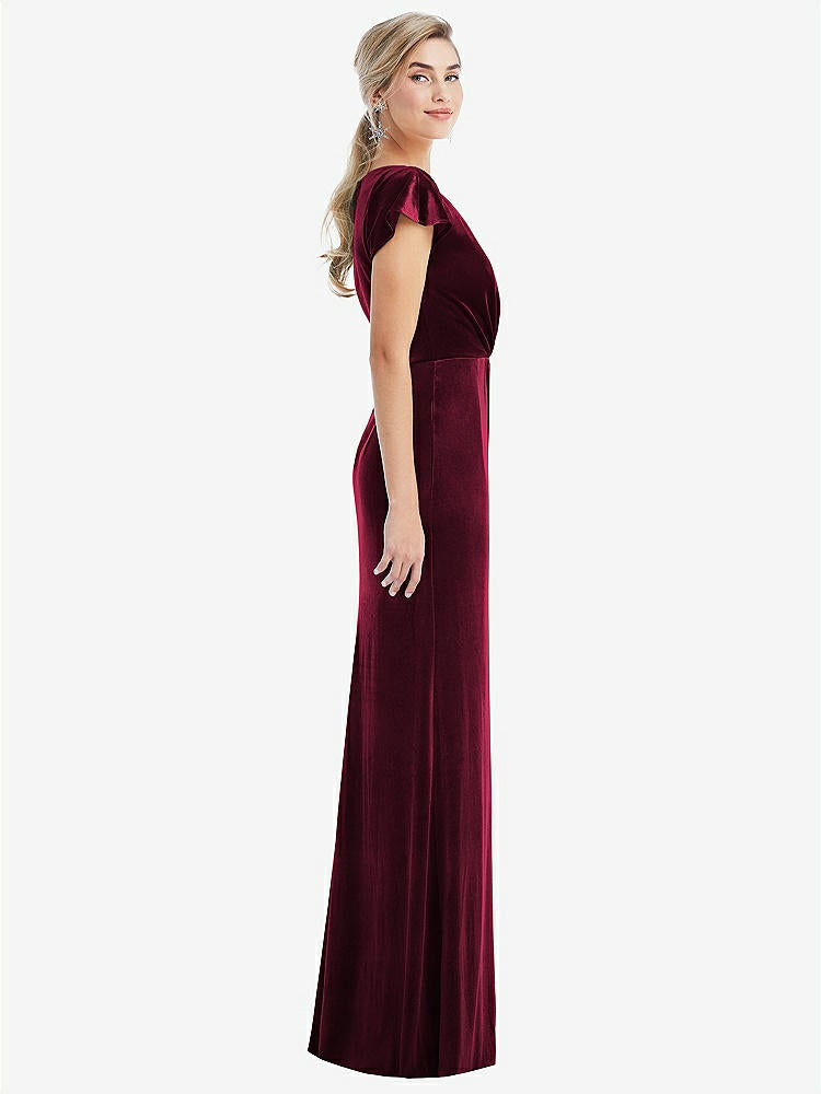 【STYLE: TH057】Flutter Sleeve Wrap Bodice Velvet Maxi Dress with Pockets【COLOR: Cabernet】