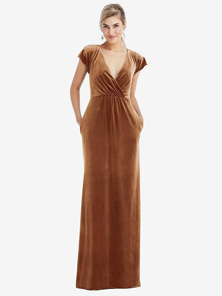 【STYLE: TH057】Flutter Sleeve Wrap Bodice Velvet Maxi Dress with Pockets【COLOR: Golden Almond】