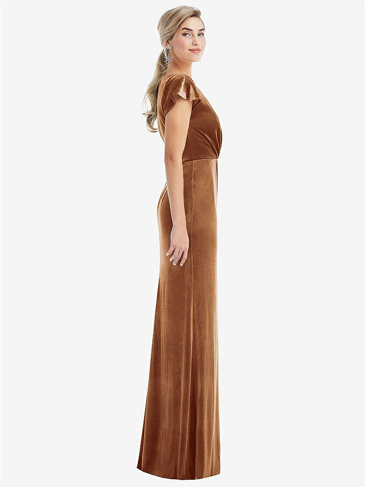 【STYLE: TH057】Flutter Sleeve Wrap Bodice Velvet Maxi Dress with Pockets【COLOR: Golden Almond】