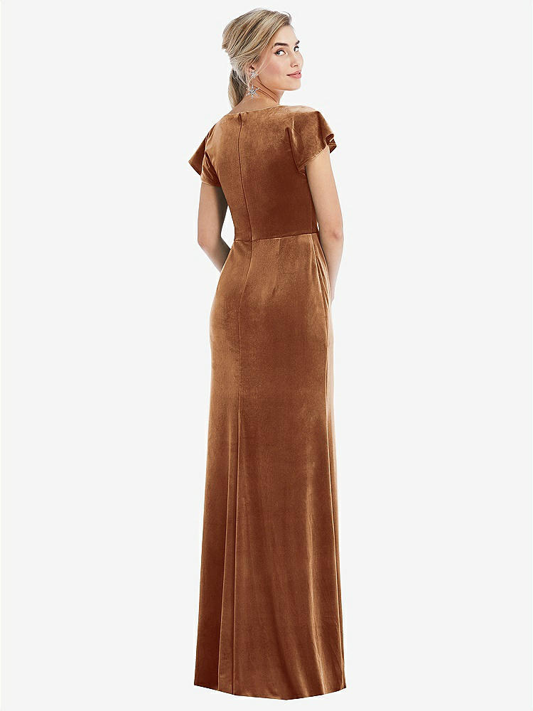 【STYLE: TH057】Flutter Sleeve Wrap Bodice Velvet Maxi Dress with Pockets【COLOR: Golden Almond】