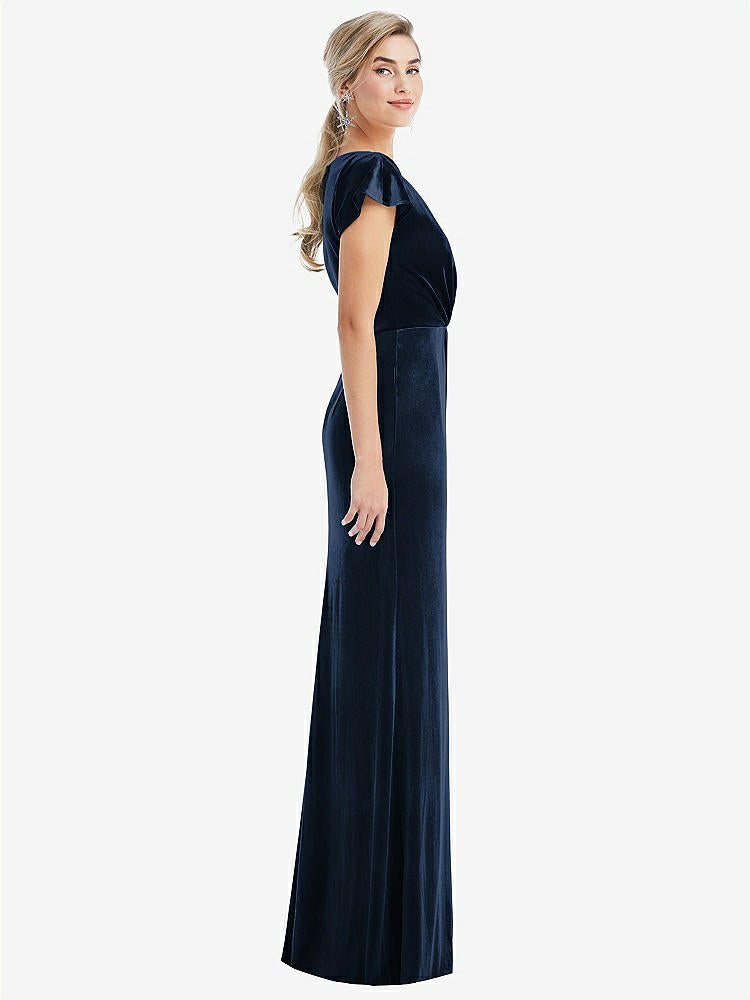 【STYLE: TH057】Flutter Sleeve Wrap Bodice Velvet Maxi Dress with Pockets【COLOR: Midnight Navy】