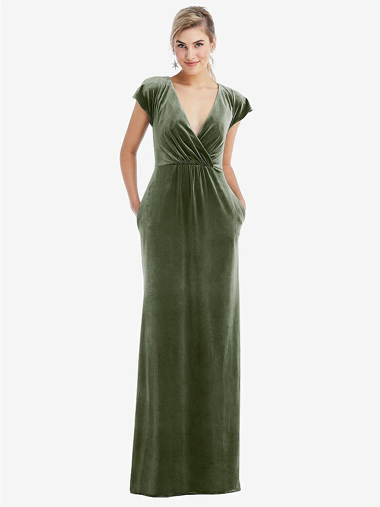 【NEW】【STYLE: TH057】フラッター スリーブ ラップ ボディス ベルベット マキシ ドレス ポケット付き【COLOR: Sage】【SIZE: 00-30W】
