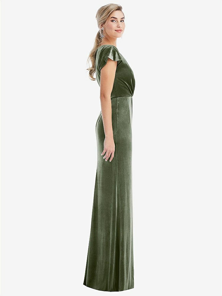 【NEW】【STYLE: TH057】フラッター スリーブ ラップ ボディス ベルベット マキシ ドレス ポケット付き【COLOR: Sage】【SIZE: 00-30W】