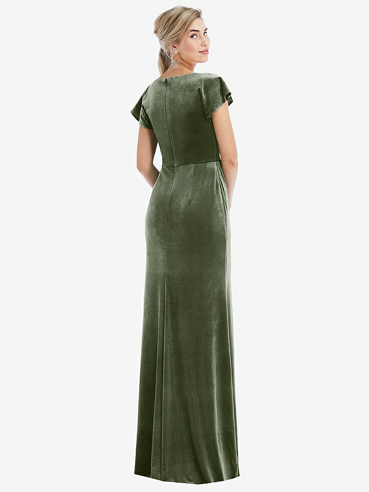 【NEW】【STYLE: TH057】フラッター スリーブ ラップ ボディス ベルベット マキシ ドレス ポケット付き【COLOR: Sage】【SIZE: 00-30W】