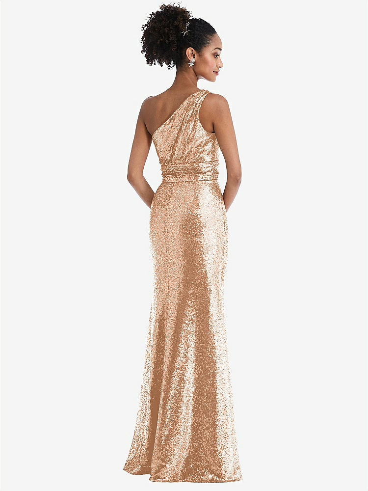 【STYLE: TH058】One-Shoulder Draped Sequin Maxi Dress【COLOR: Copper Rose】