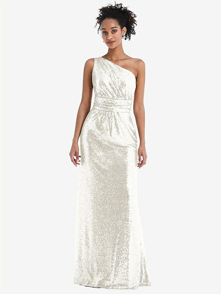 【STYLE: TH058】One-Shoulder Draped Sequin Maxi Dress【COLOR: Ivory】