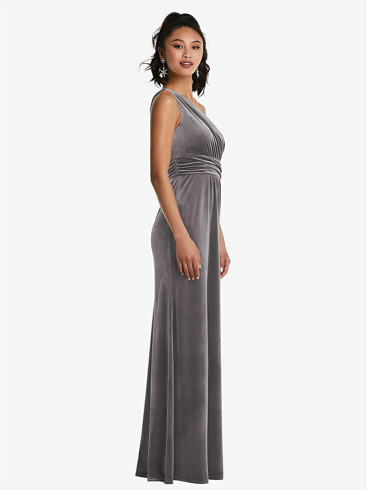 【STYLE: TH059】One-Shoulder Draped Velvet Maxi Dress【COLOR: Caviar Gray】