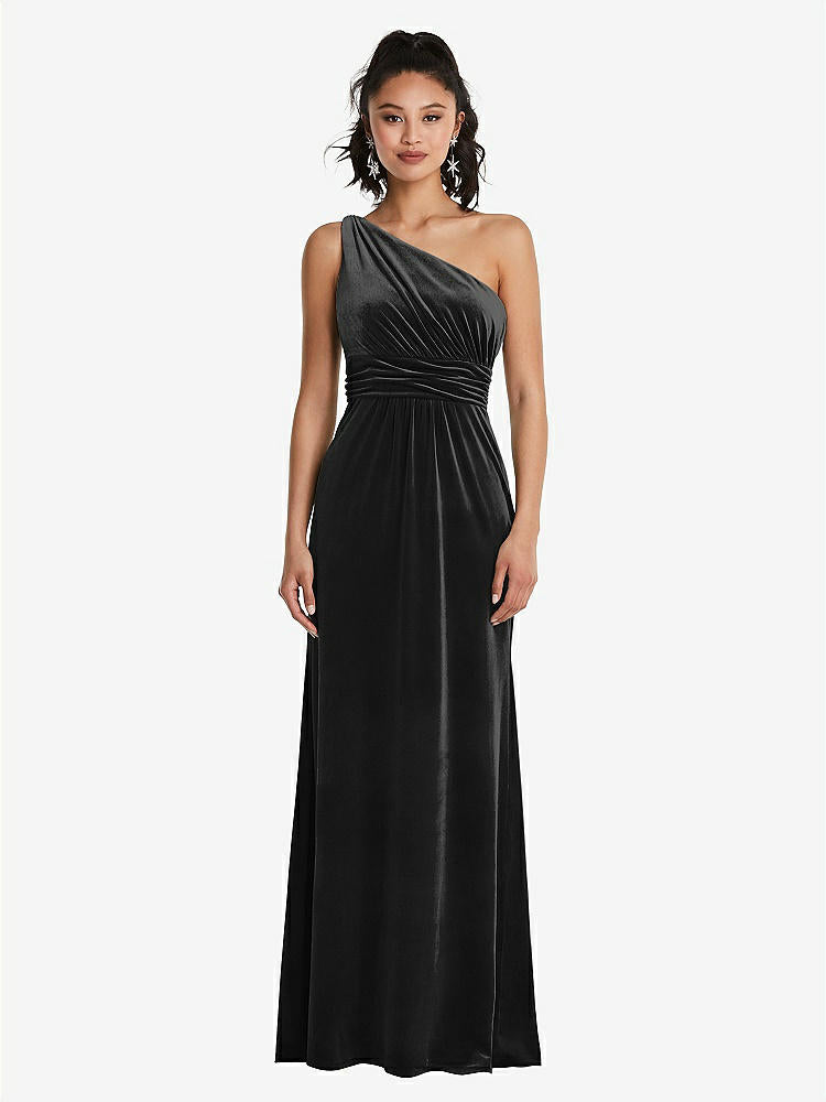 【STYLE: TH059】One-Shoulder Draped Velvet Maxi Dress【COLOR: Black】