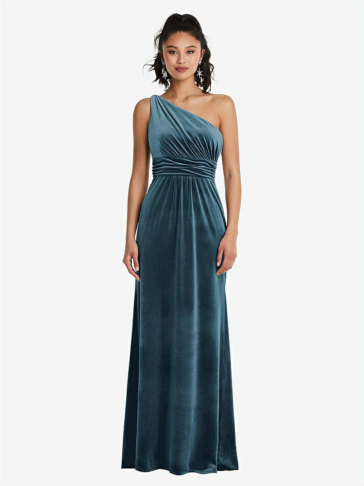 【STYLE: TH059】One-Shoulder Draped Velvet Maxi Dress【COLOR: Dutch Blue】