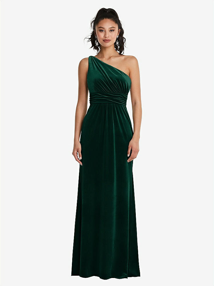 【STYLE: TH059】One-Shoulder Draped Velvet Maxi Dress【COLOR: Evergreen】