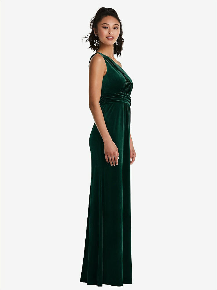 【STYLE: TH059】One-Shoulder Draped Velvet Maxi Dress【COLOR: Evergreen】