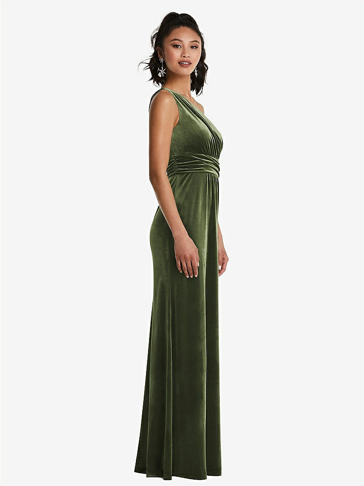 【STYLE: TH059】One-Shoulder Draped Velvet Maxi Dress【COLOR: Olive Green】