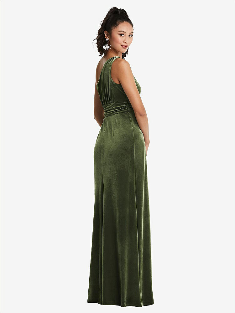 【STYLE: TH059】One-Shoulder Draped Velvet Maxi Dress【COLOR: Olive Green】