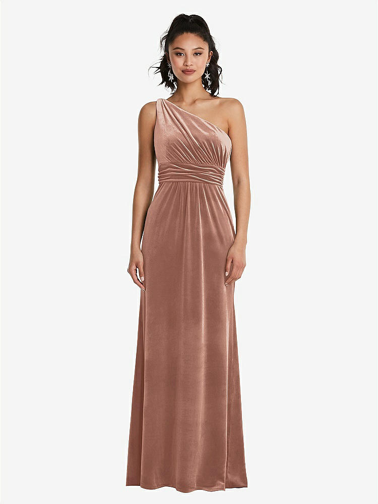 【STYLE: TH059】One-Shoulder Draped Velvet Maxi Dress【COLOR: Tawny Rose】