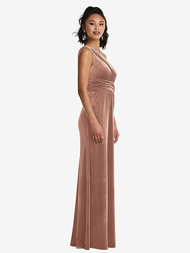 【STYLE: TH059】One-Shoulder Draped Velvet Maxi Dress【COLOR: Tawny Rose】