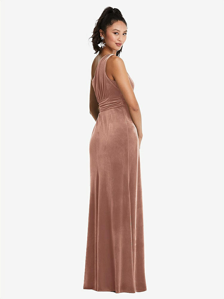 【STYLE: TH059】One-Shoulder Draped Velvet Maxi Dress【COLOR: Tawny Rose】