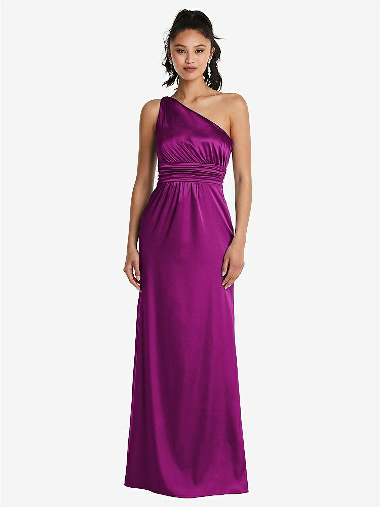 【STYLE: TH063】One-Shoulder Draped Satin Maxi Dress【COLOR: Persian Plum】