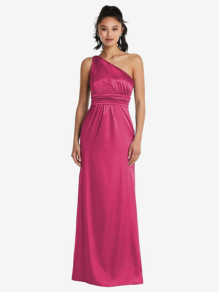 【STYLE: TH063】One-Shoulder Draped Satin Maxi Dress【COLOR: Shocking】