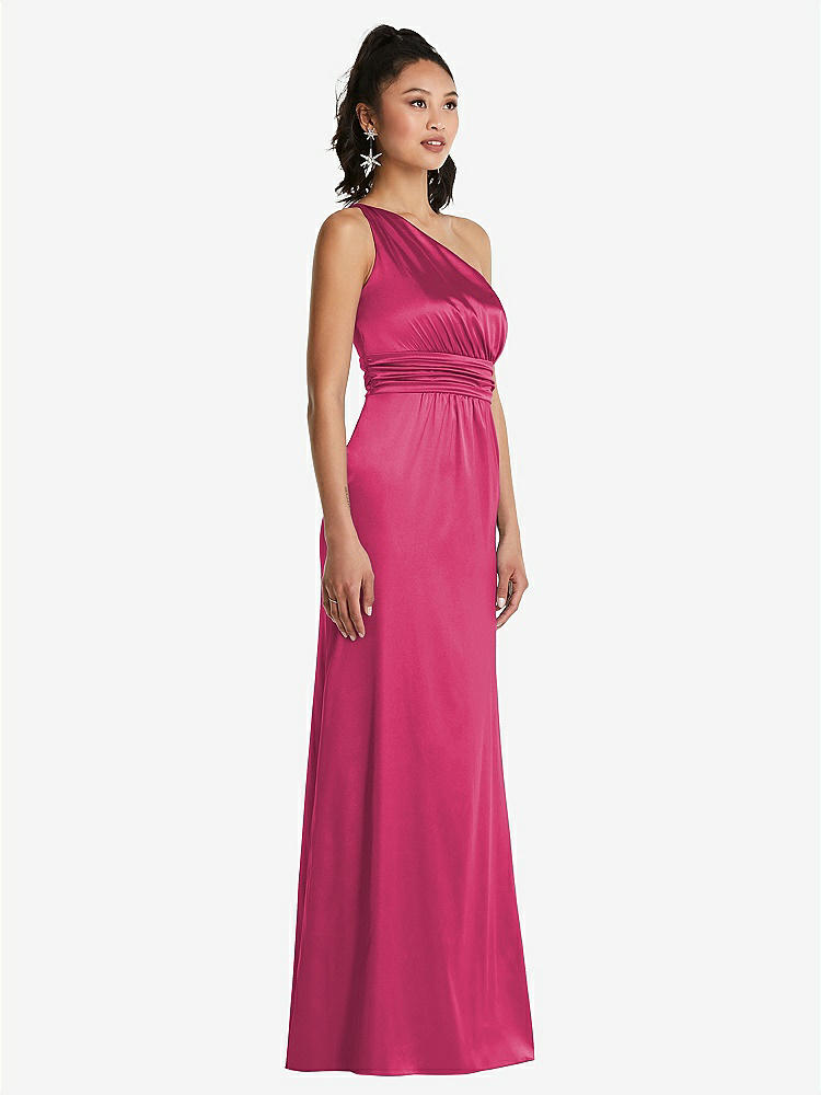 【STYLE: TH063】One-Shoulder Draped Satin Maxi Dress【COLOR: Shocking】
