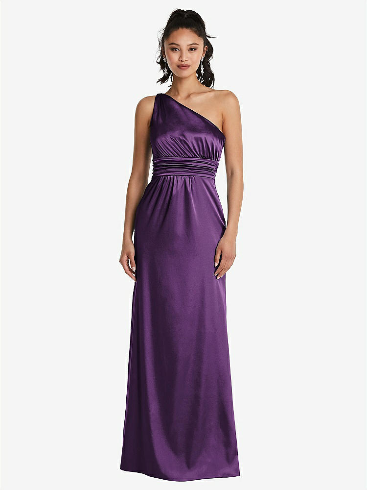 【STYLE: TH063】One-Shoulder Draped Satin Maxi Dress【COLOR: African Violet】